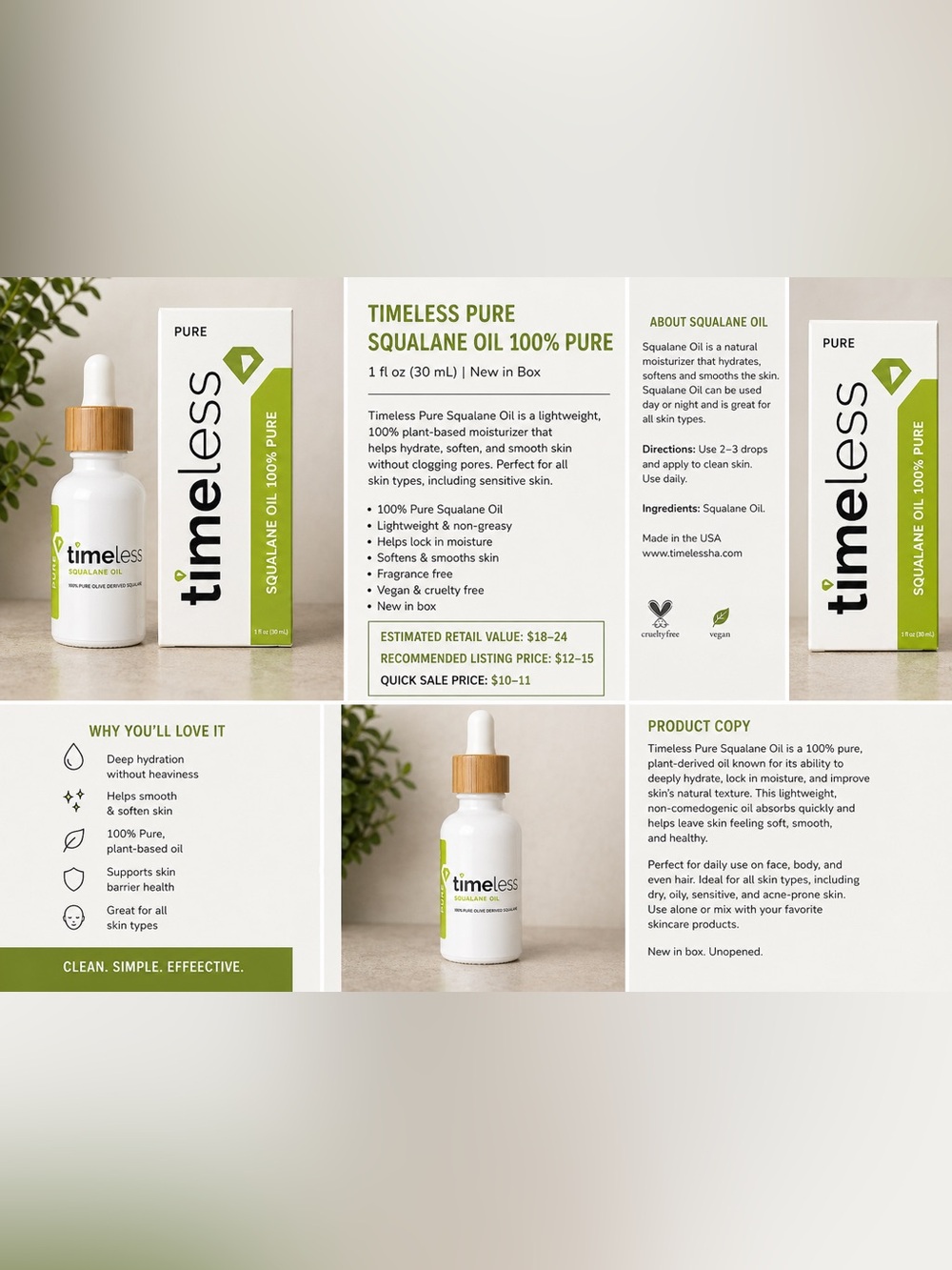 Timeless Pure Squalane Oil 100% Pure 1 oz / 30 mL New in Box